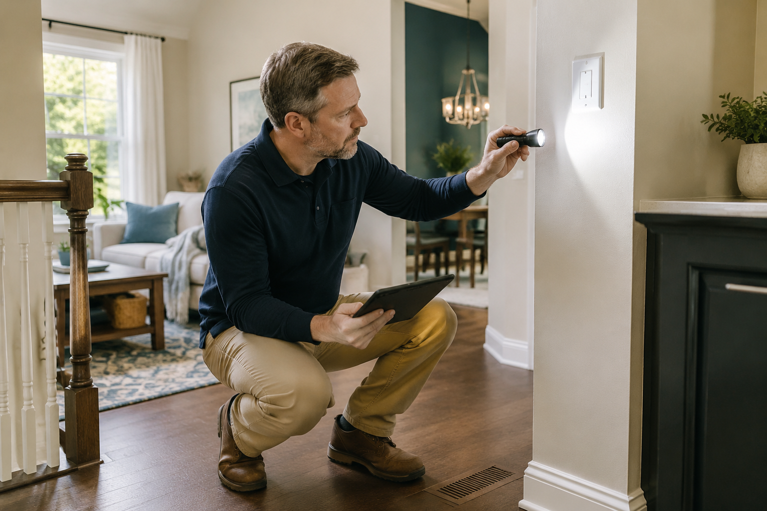 A professional home inspector examining a residential interior