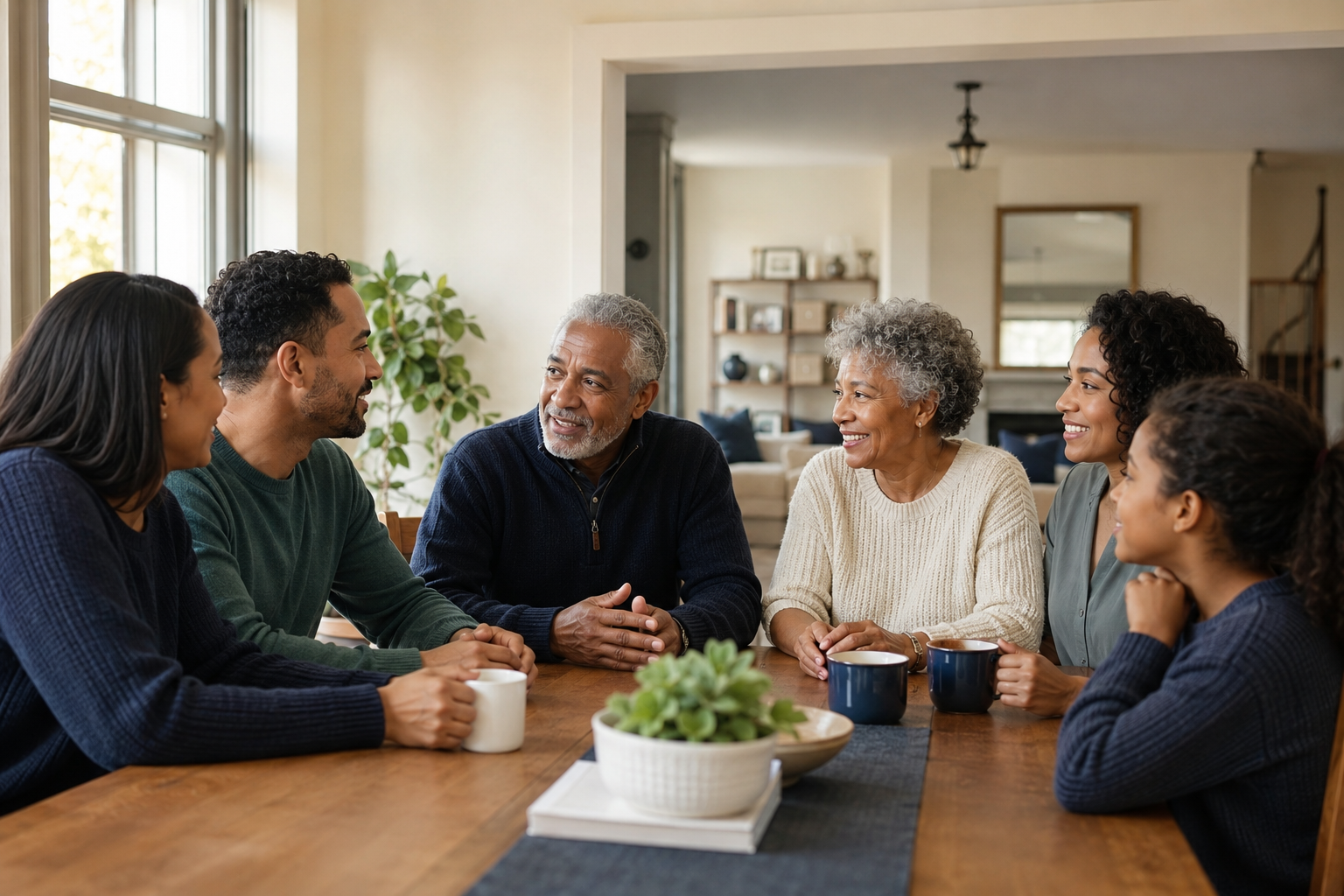 A family having a calm conversation about financial protection